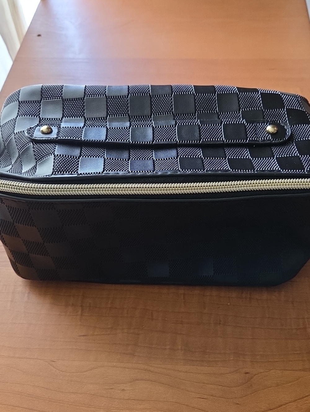 Black Checkered Travel Toiletry Bag with Gold Hardware